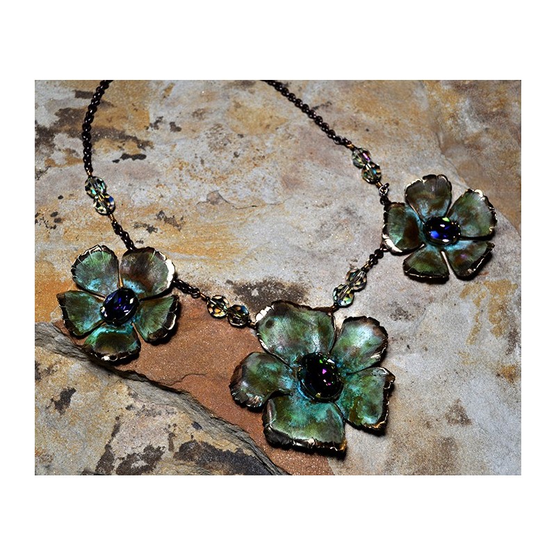 Olive Patina Graduated Sculptural Flowers Necklace