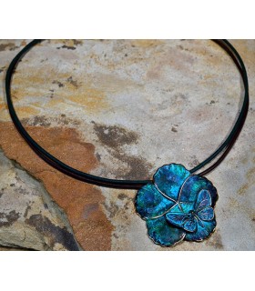 Verdigris Patina Brass Asian Delight Large Butterfly and Flower Pendant