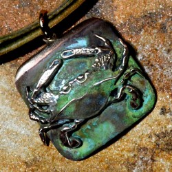 Olive Patina Solid Brass Detailed Crab on Domed Square Pendant - Rawhide