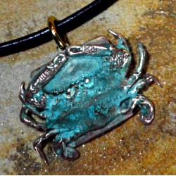 Olive Patina Solid Brass Detailed Crab Pendant on Rawhide