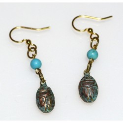 Verdigris Patina Solid Brass Egyptian Motif Scarab Earrings