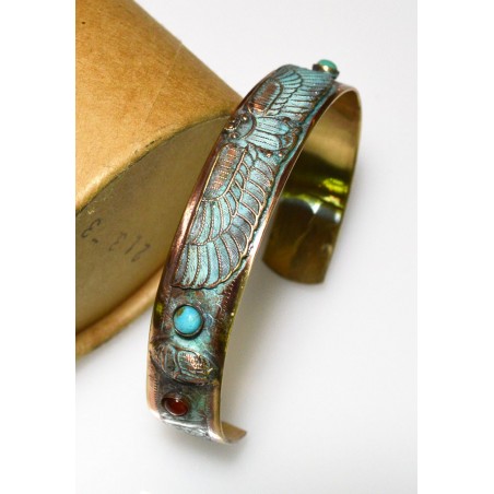 Verdigris Patina Solid Brass Egyptian Motif Scarab Cuff, Turquoise, Carnelian