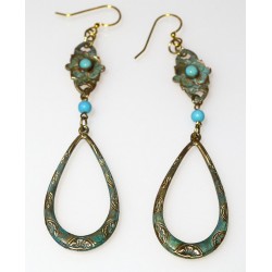 Verdigris Patina Brass Floral Dangle Earrings - Turquoise