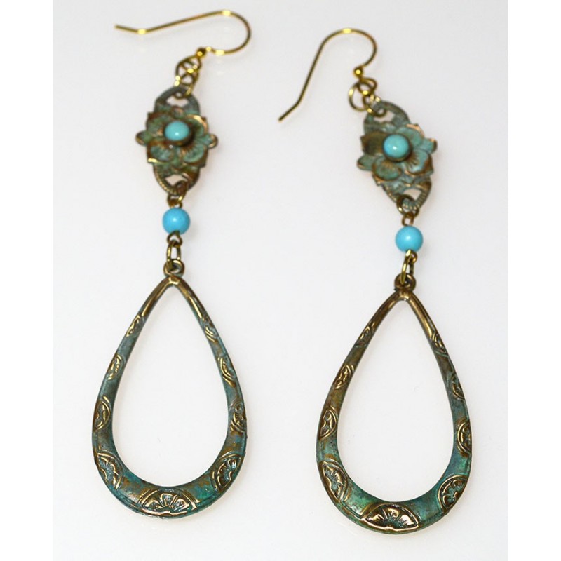 Verdigris Patina Brass Floral Dangle Earrings - Turquoise