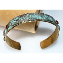 Verdigris Patina Solid Brass Egyptian Motif Scarab Cuff, Turquoise, Carnelian