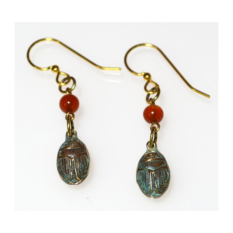 Verdigris Patina Solid Brass Egyptian Motif Scarab Earrings