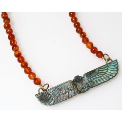 Verdigris Patina Solid Brass Egyptian Motif Scarab Necklace - Carnelian