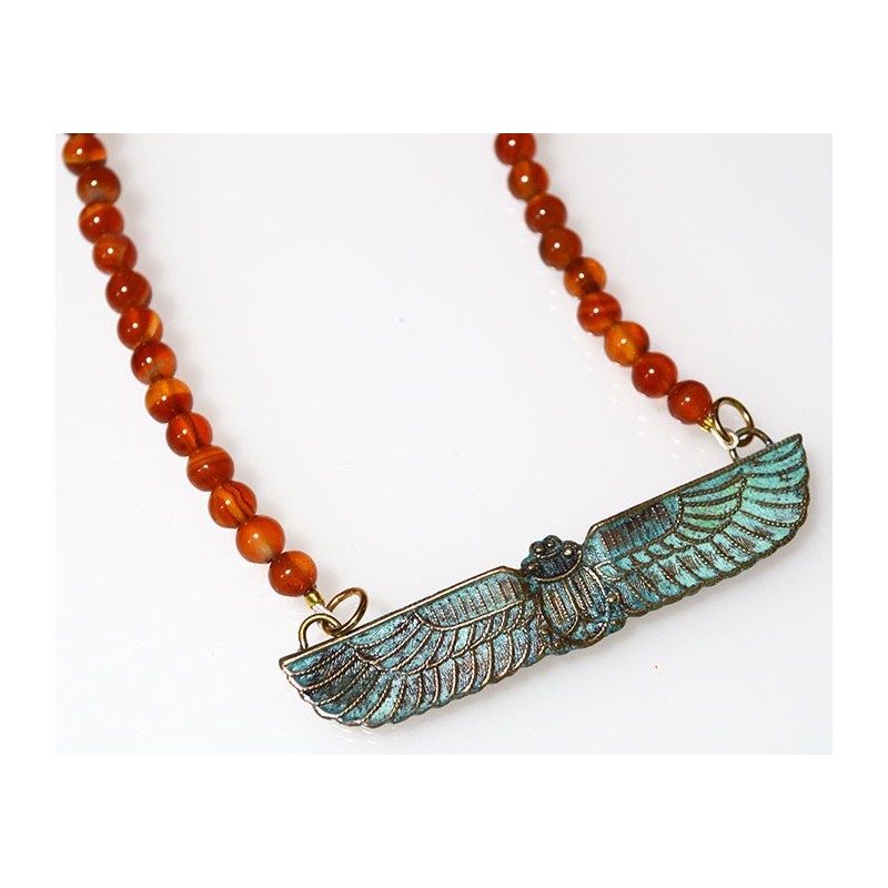 Verdigris Patina Solid Brass Egyptian Motif Scarab Necklace - Carnelian