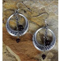 Antiqued Silver Brass Bohemian Chic Floral Hoop Dangle Earrings - Garnet