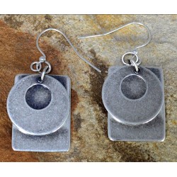 Antiqued Silver Brass Bohemian Chic Open Circle on Rectangle Stacked Double Dangle Earrings