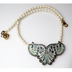 White Chocolate Patina Brass Floral Necklace - White Turquoise Rice Beading