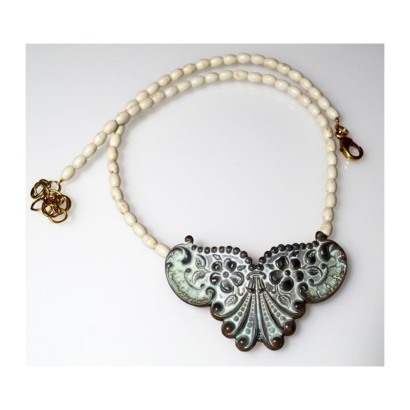 White Chocolate Patina Brass Floral Necklace - White Turquoise Rice Beading