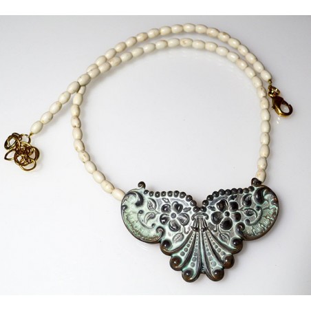 White Chocolate Patina Brass Floral Necklace - White Turquoise Rice Beading