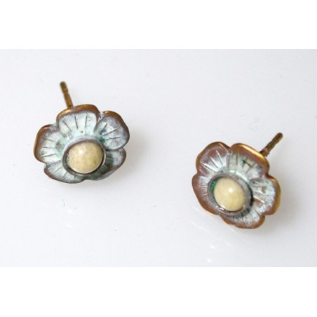 White Chocolate Patina Solid Brass Delicate Flower Button Earrings