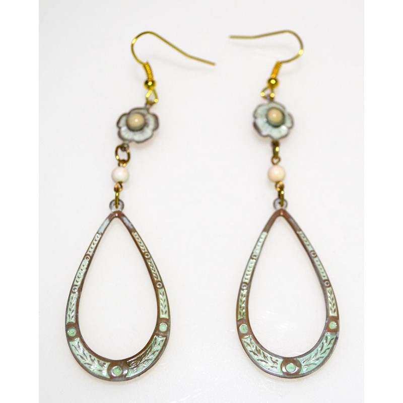 White Chocolate Patina Brass Floral Dangle Earrings