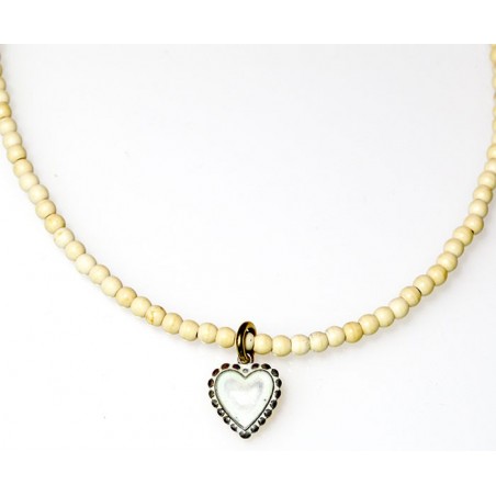 White Chocolate Patina Brass Heart Necklace on White Turquoise Beading