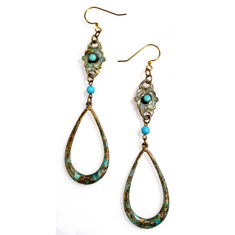 Verdigris Patina Brass Floral Dangle Earrings