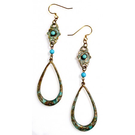 Verdigris Patina Brass Floral Dangle Earrings