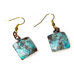 Verdigris Patina Hand Forged Brass Dimpled Square Earrings