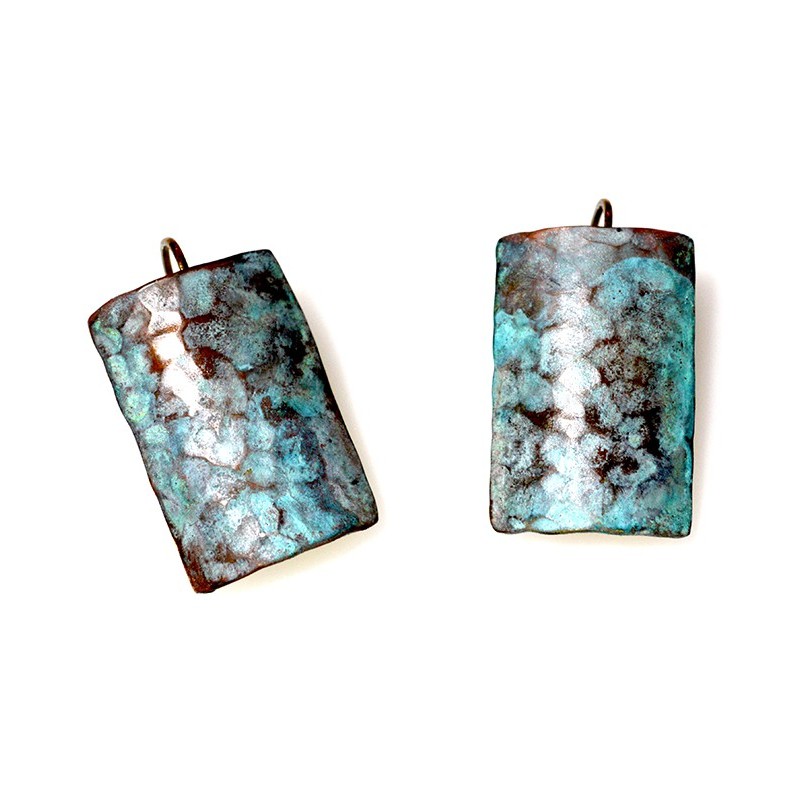Verdigris Patina Hand Forged Brass Dimpled Barrel Shaped Earrings