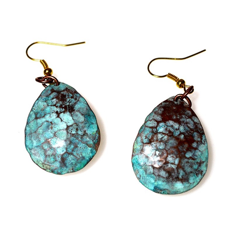 Verdigris Patina Hand Forged Brass Dimpled Teardrop Earrings
