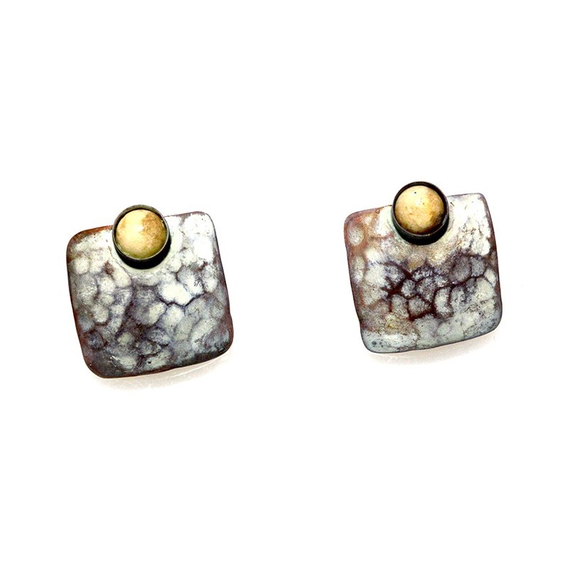 White Chocolate Patina Hand Forged Brass Dimpled Square Earrings