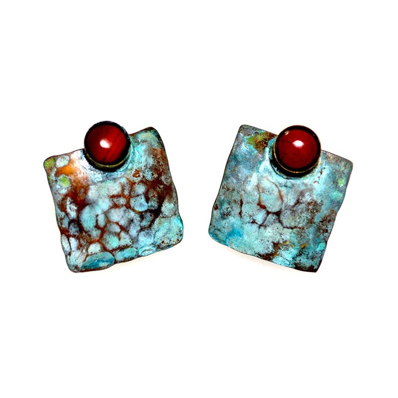 Verdigris Patina Hand Forged Brass Dimpled Square Earrings