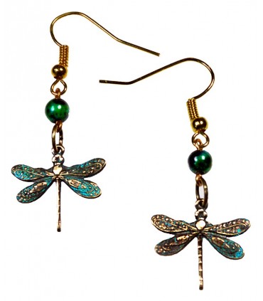Verdigris Patina Solid Brass Delicate Dragonfly Dangle Earrings