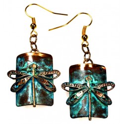 Verdigris Patina Solid Brass Dragonfly on Rectangle Dangle Earrings