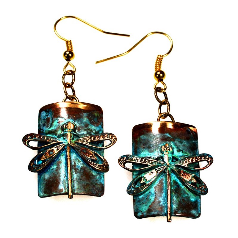 Verdigris Patina Solid Brass Dragonfly on Rectangle Dangle Earrings