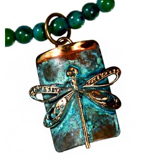 Verdigris Patina Solid Brass Dragonfly On Rectangle Necklace