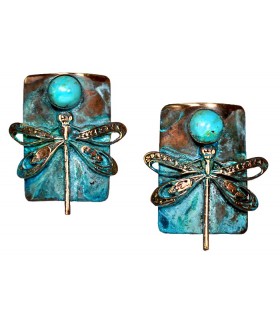 Verdigris Patina Solid Brass Dragonfly on Rectangle Earrings