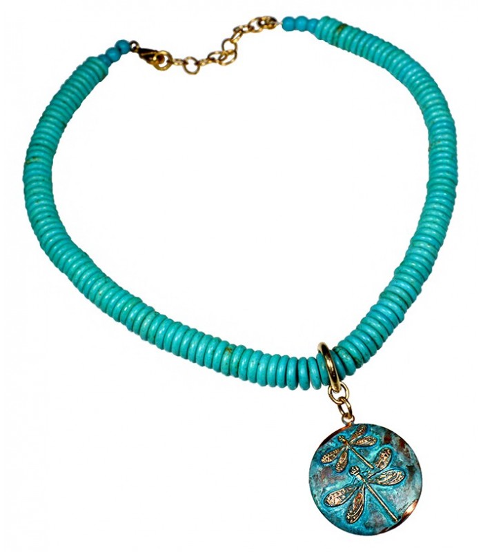 Verdigris Patina Solid Brass Dragonflies on Domed Circle Necklace - Turquoise