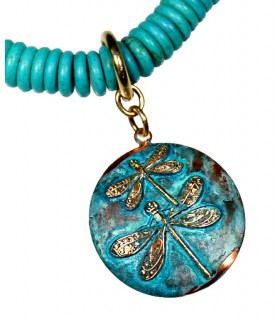 Verdigris Patina Solid Brass Dragonflies on Domed Circle Necklace - Turquoise