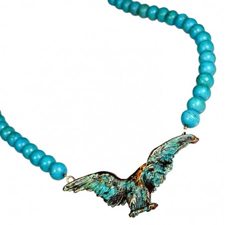 Verdigris Patina Solid Brass Eagle Necklace - Turquoise