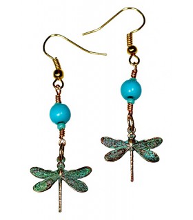 Verdigris Patina Solid Brass Delicate Dragonfly Dangle Earrings