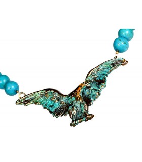 Verdigris Patina Solid Brass Eagle Necklace - Turquoise
