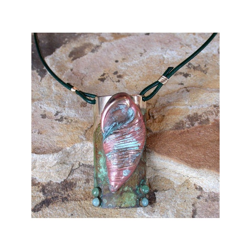 OCP7432pd Verdigris Patina Conch Shell Pendant - Amazonite, Jade, Brown Rawhide