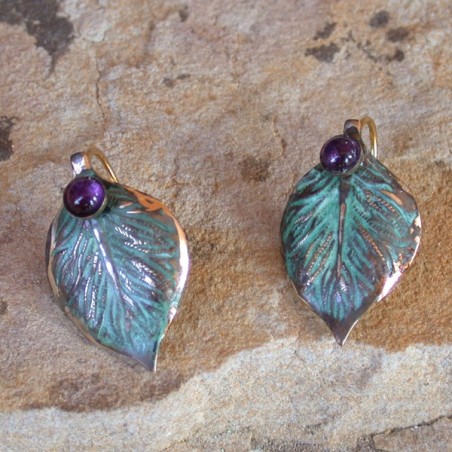 NAP747e  Verdigris Patina Solid Brass Small Detailed Leaf Earrings