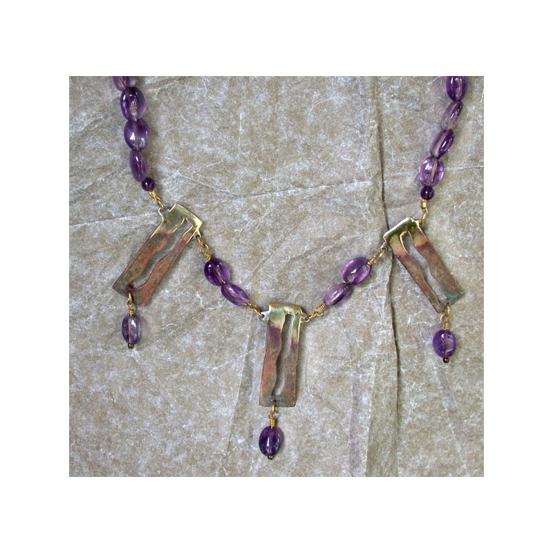 MAE910n  Earth Patina  Cast Brass Modern Art Three Piece Necklace - Amethyst
